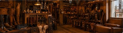 Interior de uma selaria com botas e artigos de couro